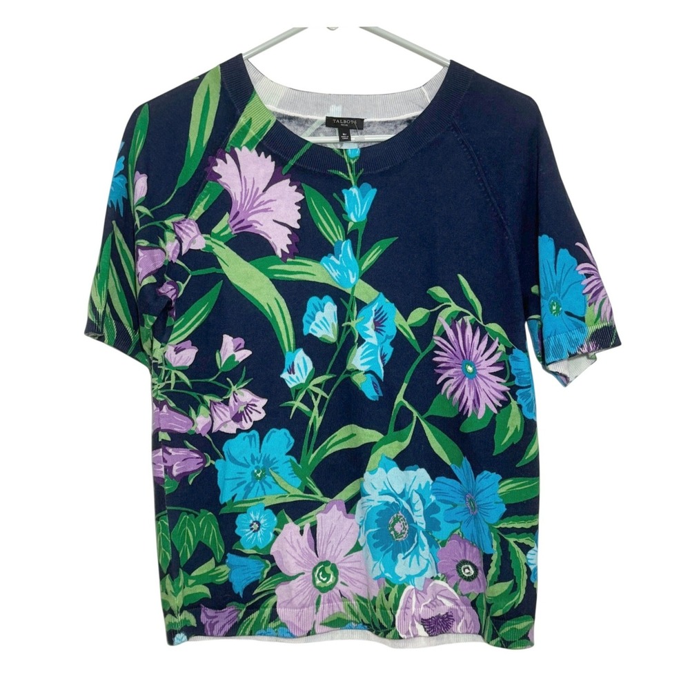 Talbots Sweater Navy Blue Floral Short Sleeve Crew Neck Womens MP Petite Top